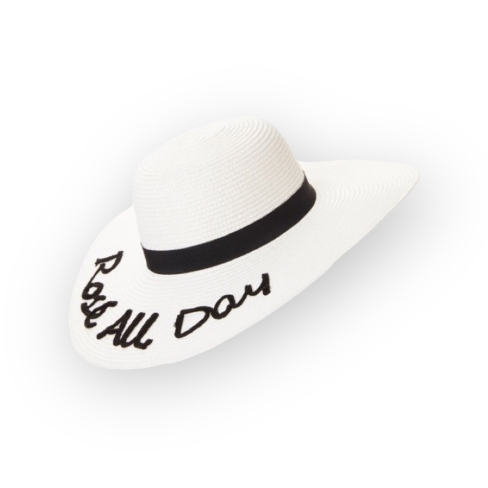 new Rose All Day ☻ Jet Setter Wide Brim Sun Hat ☻ White + Black Script Lettering